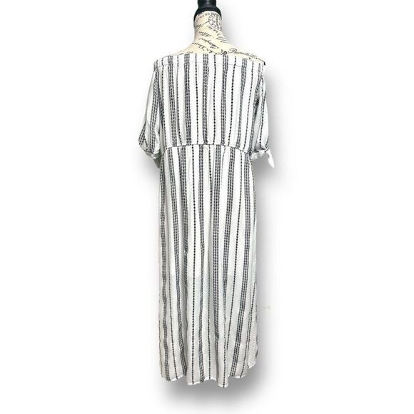 J Gee M Off Shoulder Striped Dress White Black Rayon Tie Sleeve Boho Midi Coasta - Picture 3 of 8
